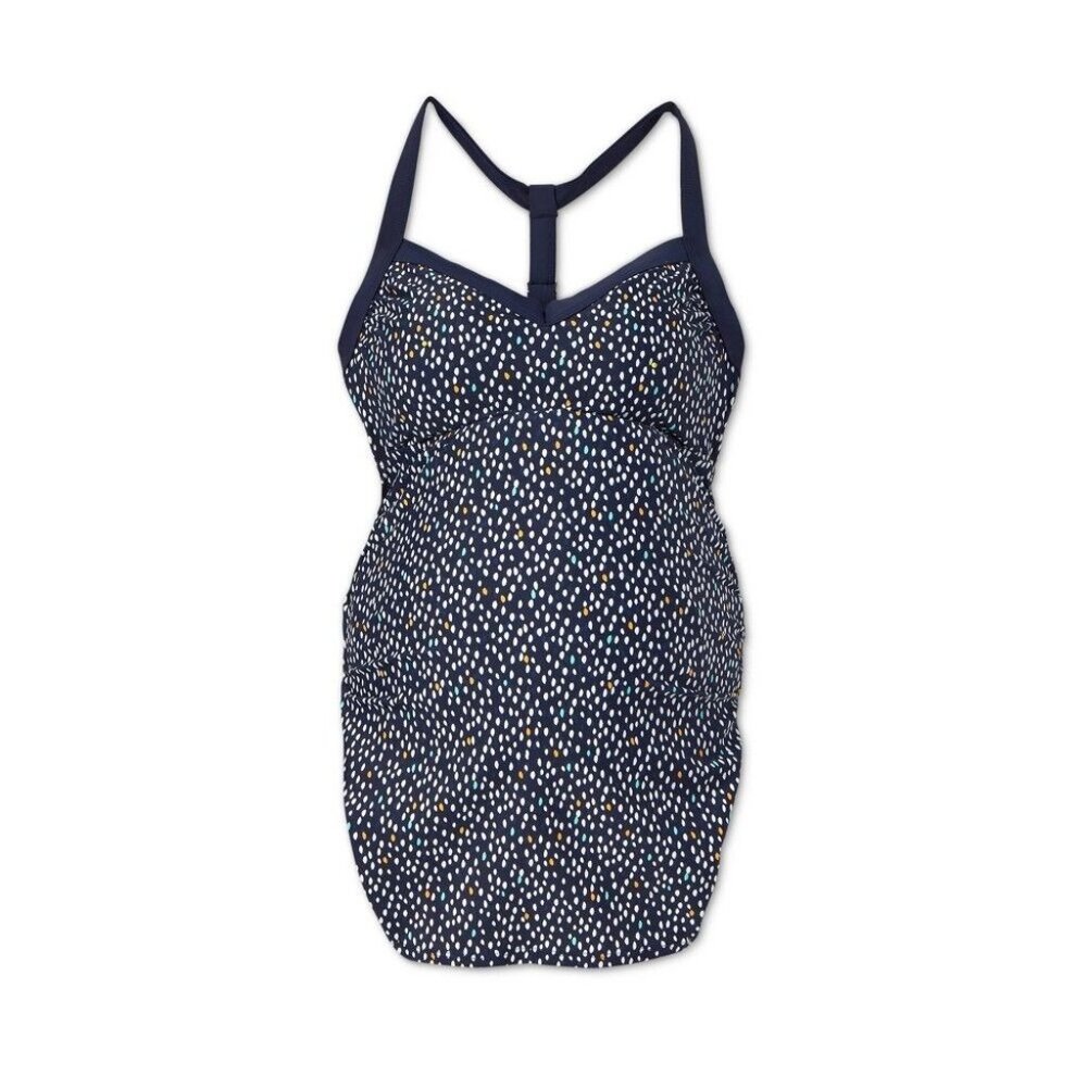 Women's Large Isabel Maternity Navy Blue Polka Dot Y-Back Tankini Top Swimwear